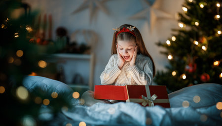 Merry Christmas and Happy Holidays. Cheerful cute child girl with gift. Kid is having fun near tree.の写真素材