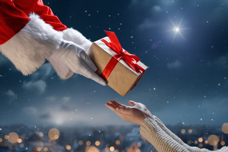 Merry Christmas and Happy Holidays. Hands of Santa Claus giving a x-mas gift to child.の写真素材