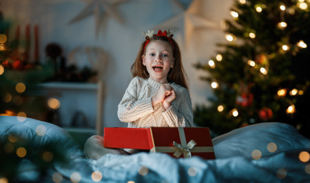 Merry Christmas and Happy Holidays. Cheerful cute child girl with gift. Kid is having fun near tree.の写真素材