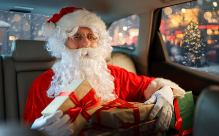 Santa Claus is holding presents and sitting in the car. Holidays concept. Time of Christmas Eve.の写真素材
