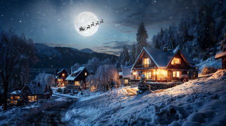 Merry Christmas and happy holidays! Santa Claus flying in his sleigh on background moon sky. Christmas story concept. Generative AIの素材