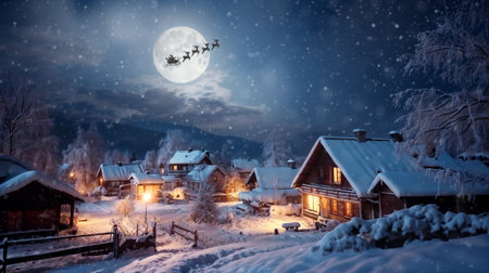 Merry Christmas and happy holidays! Santa Claus flying in his sleigh on background moon sky. Christmas story concept. Generative AIの素材