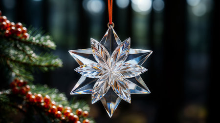 Merry Christmas and Happy Holidays. Crystal Christmas star and garland lights. Generative AIの素材
