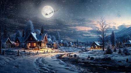 Merry Christmas and happy holidays! Santa Claus flying in his sleigh on background moon sky. Christmas story concept. Generative AIの素材