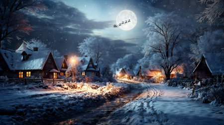 Merry Christmas and happy holidays! Santa Claus flying in his sleigh on background moon sky. Christmas story concept. Generative AIの素材