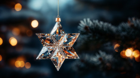 Merry Christmas and Happy Holidays. Crystal Christmas star and garland lights. Generative AIの素材