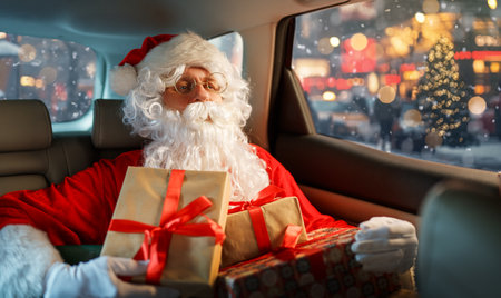 Santa Claus is holding presents and sitting in the car. Holidays concept. Time of Christmas Eve.の写真素材
