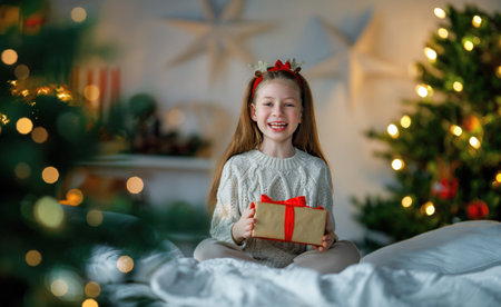 Merry Christmas and Happy Holidays. Cheerful cute child girl with gift. Kid is having fun near tree.の写真素材