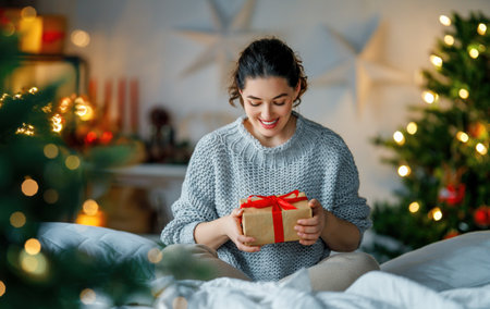 Merry Christmas, Happy Holidays. Surprised happy woman opening a Christmas present.の写真素材