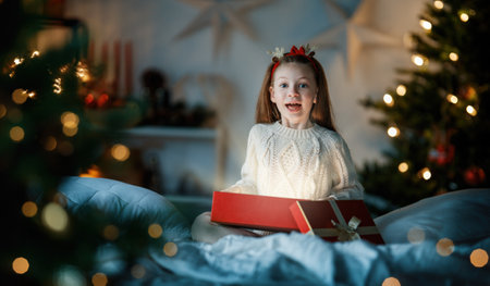 Merry Christmas and Happy Holidays. Cheerful cute child girl with gift. Kid is having fun near tree.の写真素材