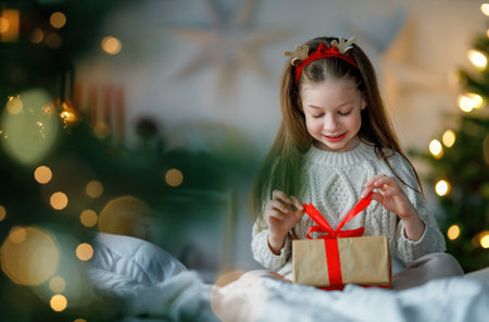 Merry Christmas and Happy Holidays. Cheerful cute child girl with gift. Kid is having fun near tree.の写真素材