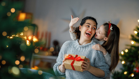 Merry Christmas and Happy Holidays. Cheerful mom and her cute daughter girl exchanging gifts. Parent and little child having fun near tree indoors. Loving family with presents in room.の写真素材