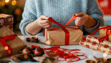 Merry Christmas and Happy Holidays. Close up hands of woman preparing  presents.の写真素材