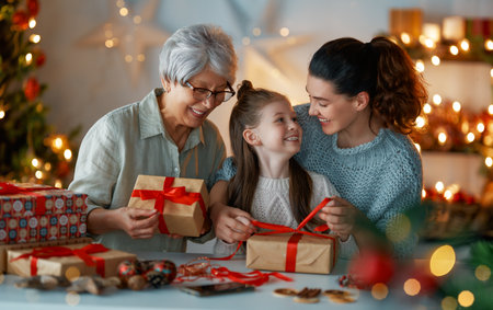 Happy Holidays. Cheerful grandmother, mother and cute daughter girl preparing for Christmas. People wrapping gifts, decorating home. Loving family with presents in room.の写真素材