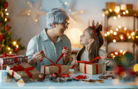 Happy Holidays. Cheerful grandmother and her cute granddaughter girl preparing for Christmas. People wrapping gifts, decorating home. Loving family with presents in room.の写真素材