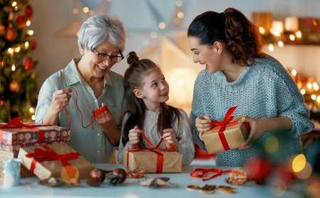 Happy Holidays. Cheerful grandmother, mother and cute daughter girl preparing for Christmas. People wrapping gifts, decorating home. Loving family with presents in room.の写真素材