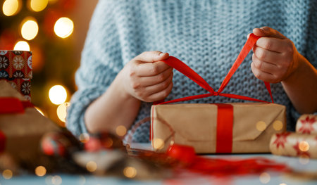 Merry Christmas and Happy Holidays. Close up hands of woman preparing  presents.の写真素材
