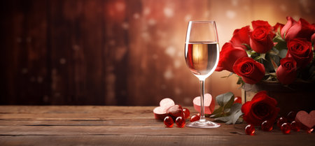 Wine glasses and red roses for Valentine's day. Generative AIの素材