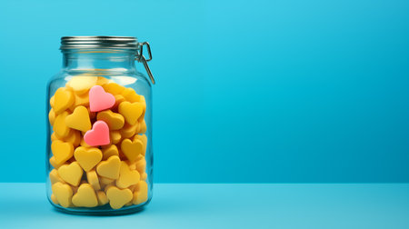 Glass jar with sweets in the shape of hearts. Generative AIの素材