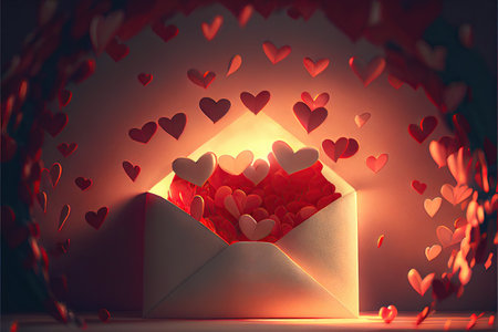 Red hearts flying out of a paper envelope. The concept of love and Valentine's Day. Generative AI.の素材