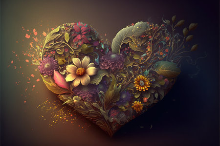 Summer flowers laid out in the shape of a heart. The concept of love of nature. Generative AI.の素材