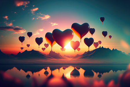 Red heart-shaped balloons on the background of the sunset sky. The concept of love and Valentine's Day. Generative AI.の素材