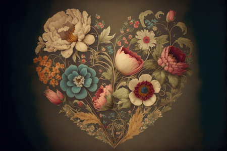 Summer flowers laid out in the shape of a heart. The concept of love of nature. Generative AI.の素材