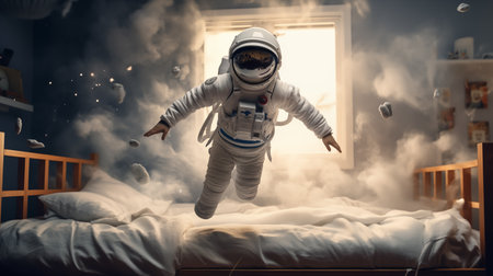 A child in an astronaut costume plays in the children's room. Generative AIの素材