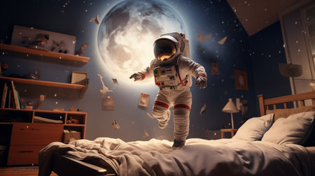 A child in an astronaut costume plays in the children's room. Generative AIの素材