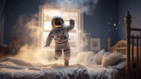 A child in an astronaut costume plays in the children's room. Generative AIの素材