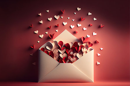 Red and white hearts flying out of a paper envelope. The concept of love and Valentine's Day. Generative AI.の素材