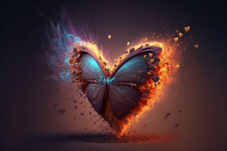 A fiery heart with a butterfly. The concept of love and Valentine's Day. Generative AI.の素材