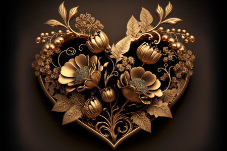 Golden flowers laid out in the shape of a heart. The concept of love of nature. Generative AI.の素材