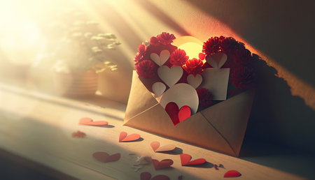 Red and white hearts and flowers in a paper envelope in sunny light. The concept of love and Valentine's Day. Generative AIの素材