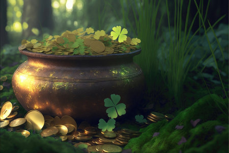 St Patricks Day concept with pot of gold. Generative AIの素材