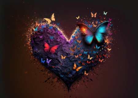 A heart with butterflies. The concept of love and Valentine's Day. Generative AI.の素材