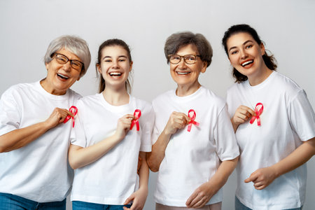 Smiling women with pink satin ribbon symbolizing concept of illness awareness, expressing solidarity and support for cancer patients and survivors. Different generations of peopleの写真素材