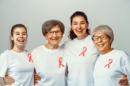 Smiling women with pink satin ribbon symbolizing concept of illness awareness, expressing solidarity and support for cancer patients and survivors. Different generations of peopleの写真素材