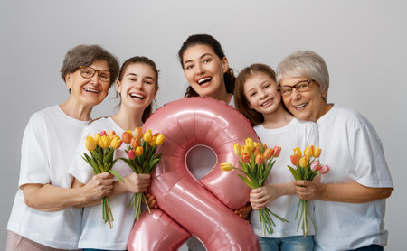 Happy women's day! Children daughters are congratulating mom and grandmothers giving them flowers tulips. Grannys, mom and girls smiling on light grey background. Family holiday and togetherness.の写真素材