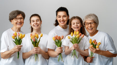 Happy women's day! Children daughters are congratulating mom and grandmothers giving them flowers tulips. Grannys, mom and girls smiling on light grey background. Family holiday and togetherness.の写真素材