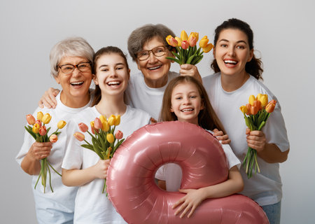 Happy women's day! Children daughters are congratulating mom and grandmothers giving them flowers tulips. Grannys, mom and girls smiling on light grey background. Family holiday and togetherness.の写真素材