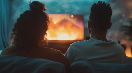 Couple watching a movie together at home. People spending time in the evening near TV. Generative AIの素材