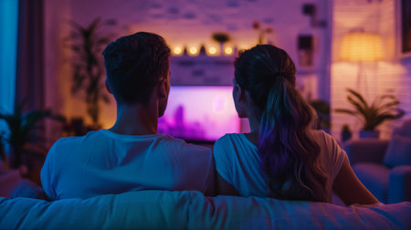 Couple watching a movie together at home. People spending time in the evening near TV. Generative AIの素材