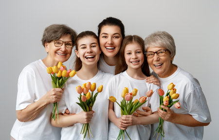 Happy women's day! Children daughters are congratulating mom and grandmothers giving them flowers tulips. Grannys, mom and girls smiling on light grey background. Family holiday and togetherness.の写真素材