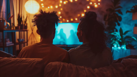 Couple watching a movie together at home. People spending time in the evening near TV. Generative AIの素材
