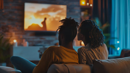 Couple watching a movie together at home. People spending time in the evening near TV. Generative AIの素材