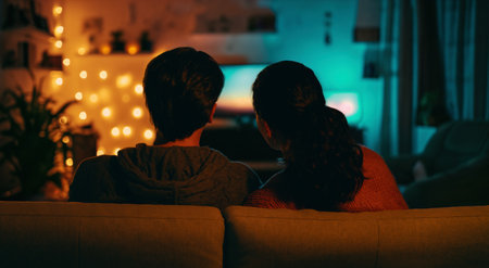 Happy family watching TV, movies in the evening at home. Couple spending time together.の写真素材