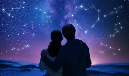 A couple in love looking at the starry sky. A fantasy constellation in the shape of a heart.の写真素材