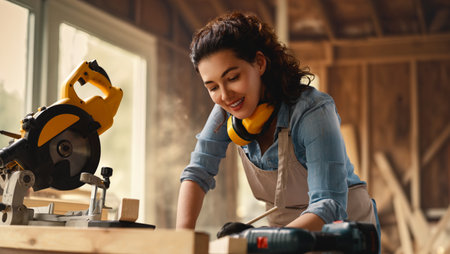 Young woman carpenter is working in a workshop.の写真素材