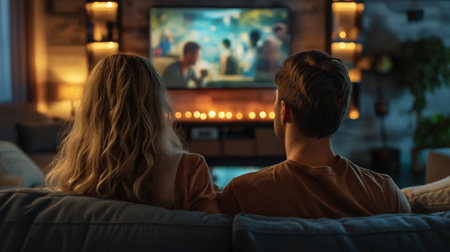 Couple watching a movie together at home. People spending time in the evening near TV. Generative AIの素材